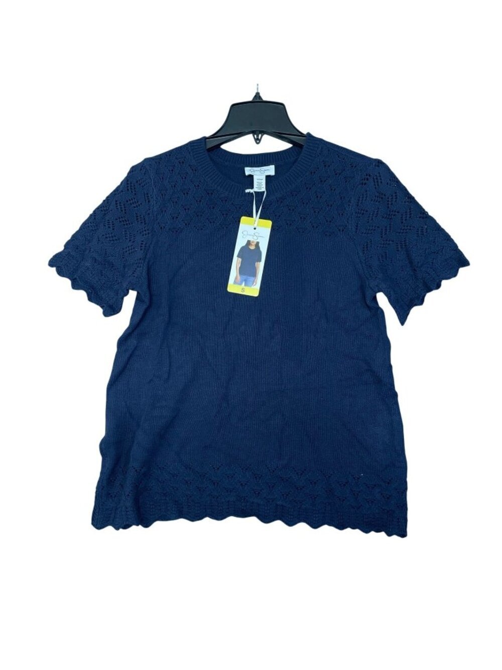 NWT Jessica Simpson Women's S Navy Crochet Short Sleeve Knit Top B1395